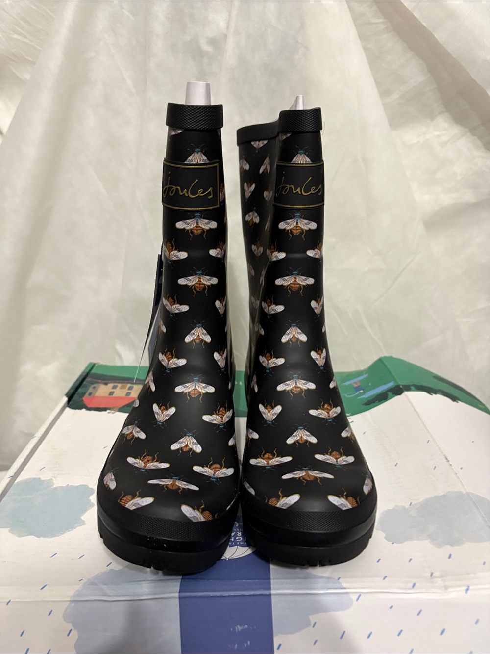 Joules Black Bee Pattern Rain Boots size US 5 NWT